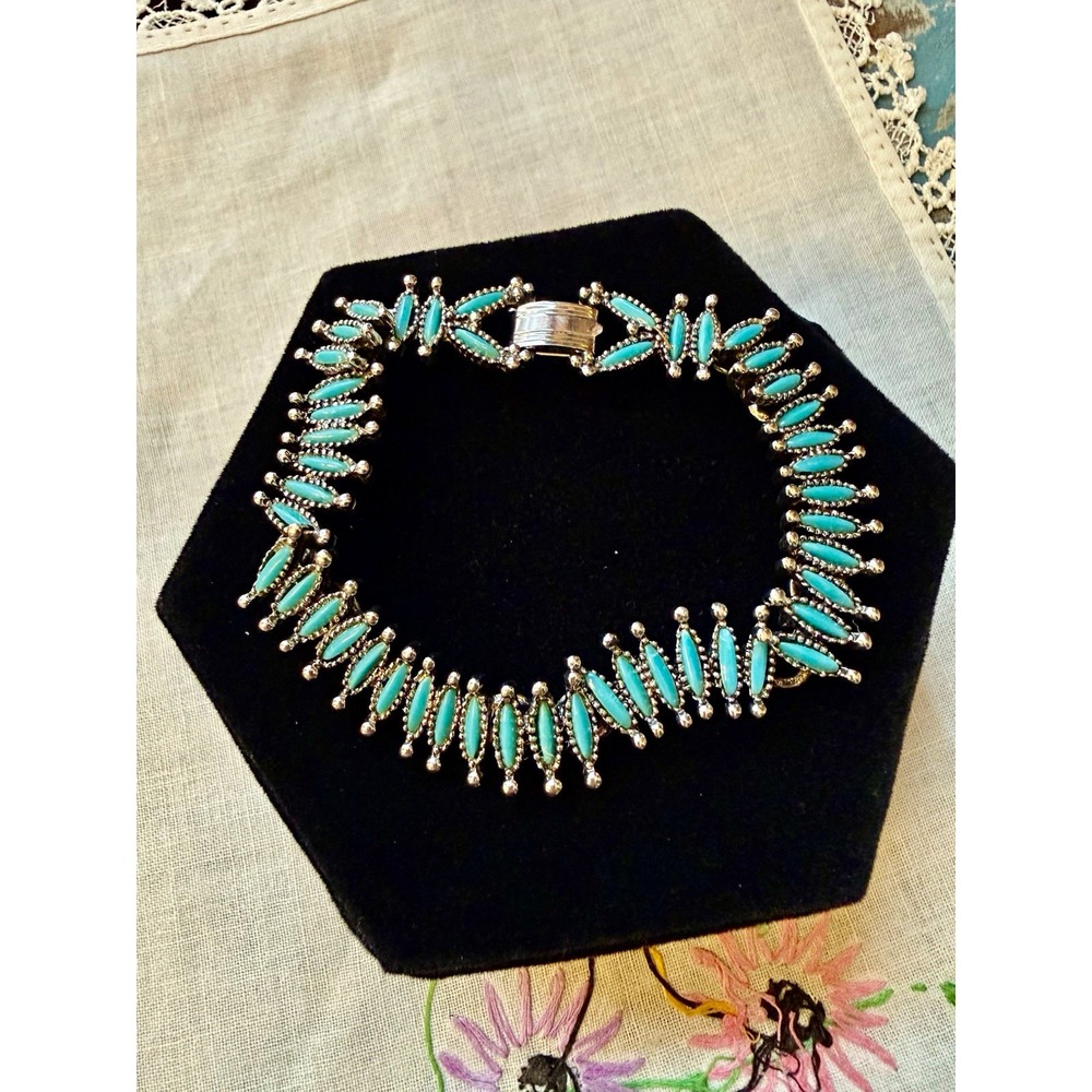Silver Tone Marquise Aqua Faux Turquoise Prong Set Link Bracelet Box Clasp Boho